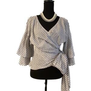 WAYF Long Ties 3/4 Ruffle Sleeve Unique Wrap Top Women S Gray White Gingham